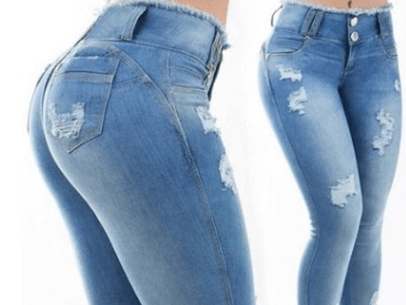 Women Stretchy Blue Tassel Ripped Jeans